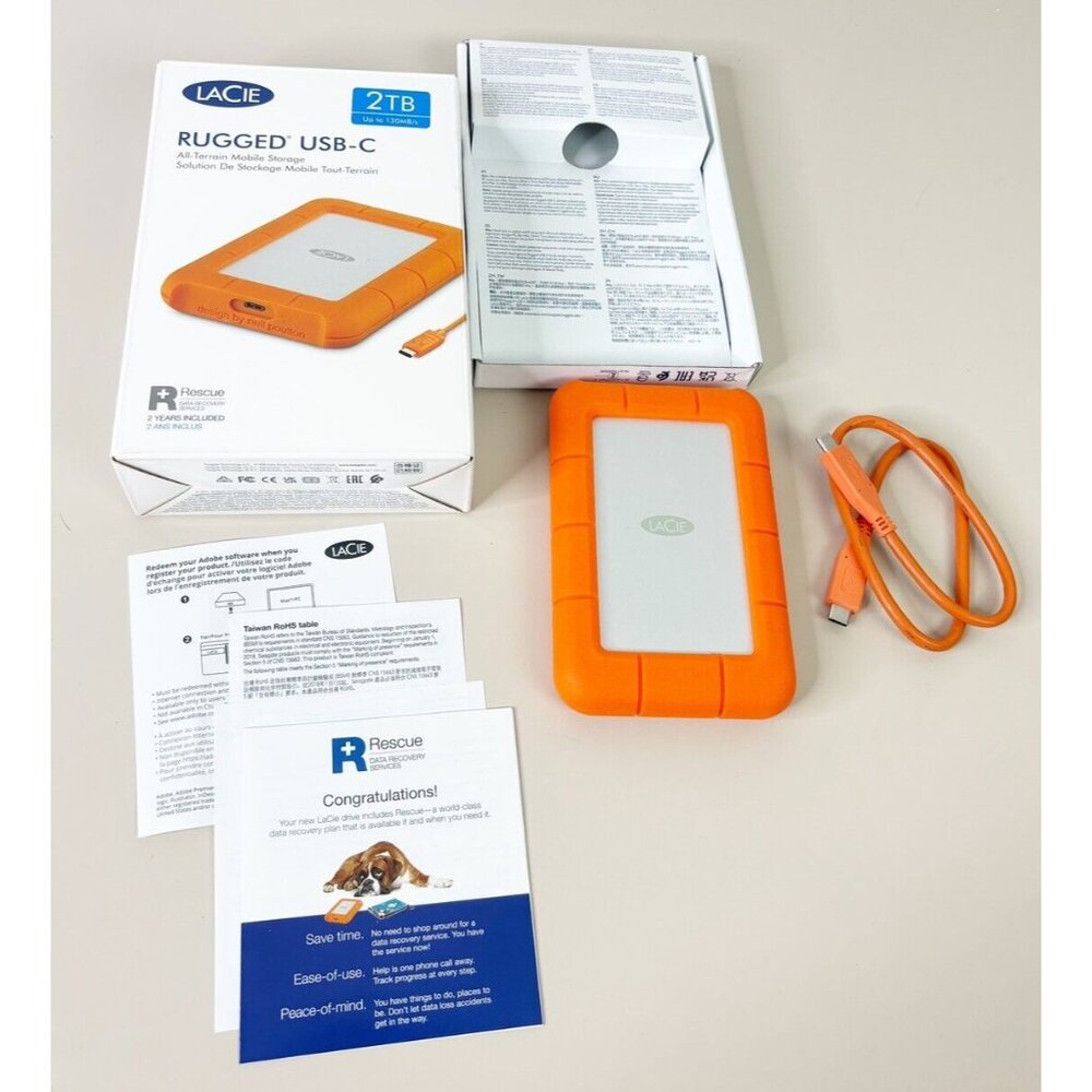 LaCie 2TB Rugged USB-C Portable Hard Drive 1 x USB-C 3.2 Model STFR2000800 EUC